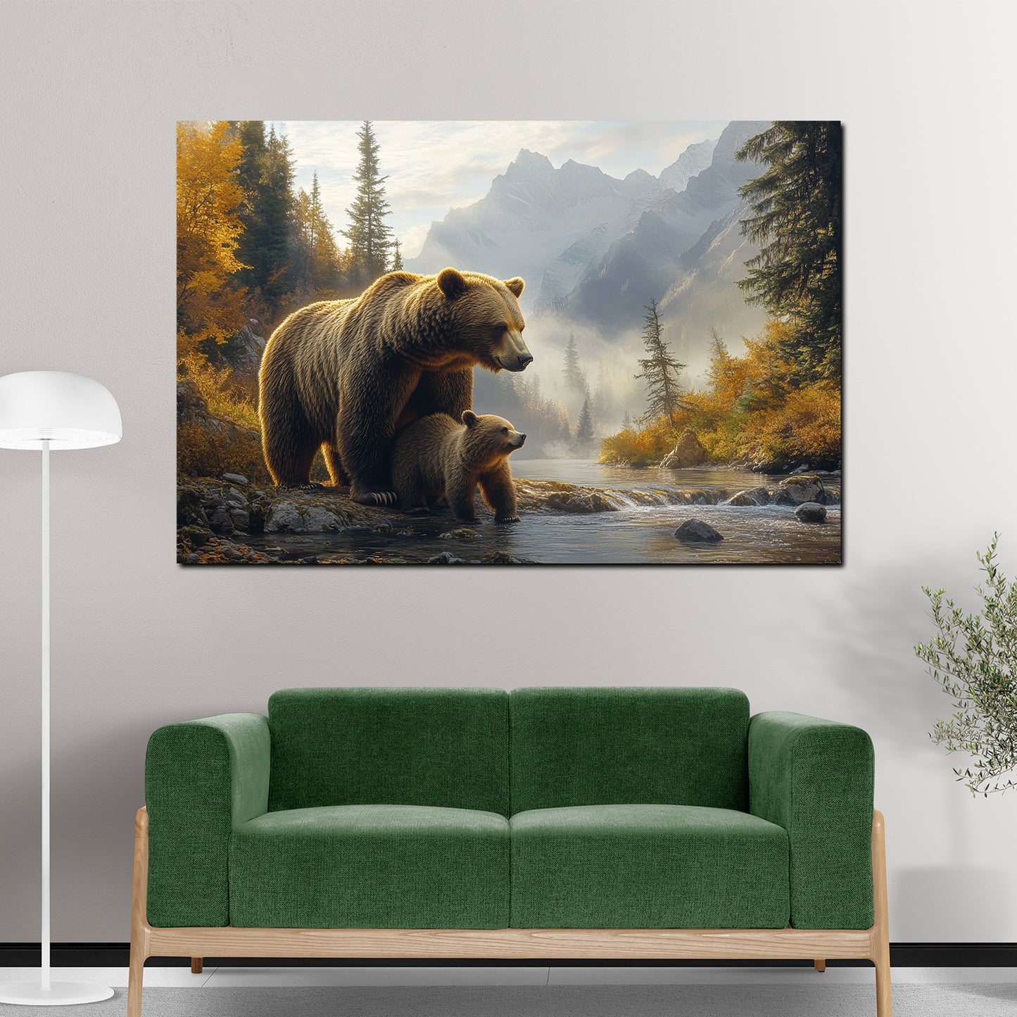 Wandbild Bären Familie Berge Fluss Wald Harmonie