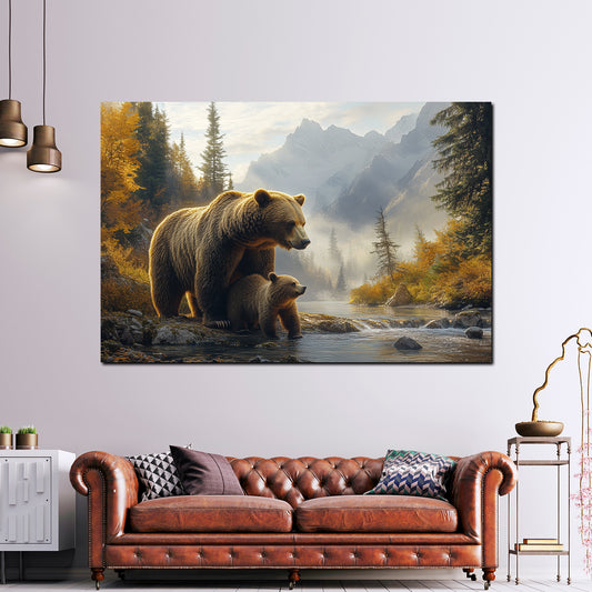 Wandbild Bären Familie Berge Fluss Wald Harmonie