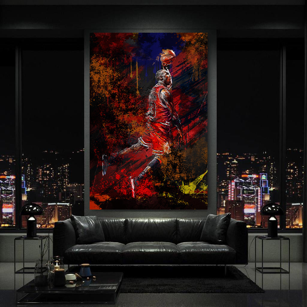 Jordan Style Wandbild Basketball im Sprung in dynamischen Farben