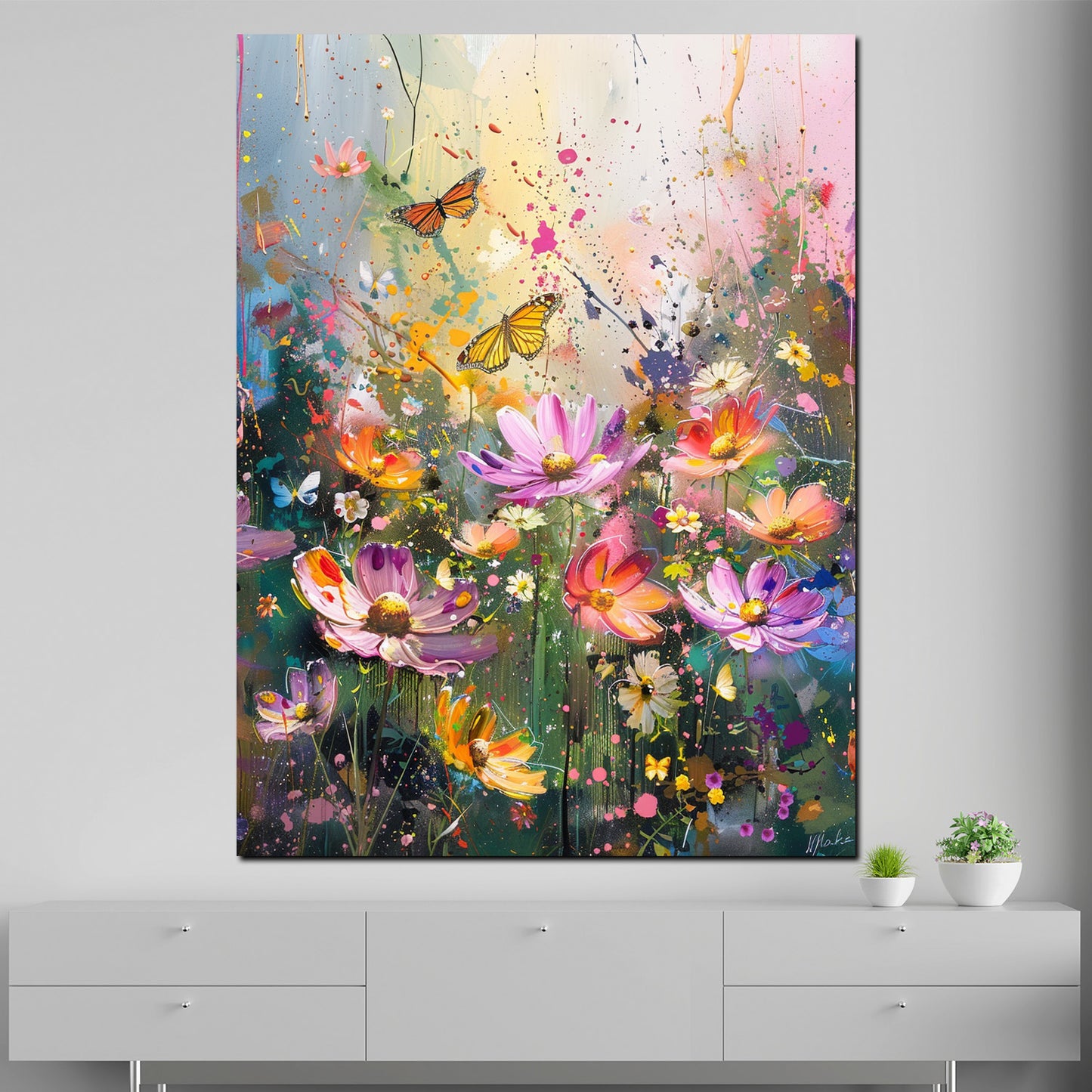 Wandbild Blumenwiese Schmetterlinge Pop Art bunt