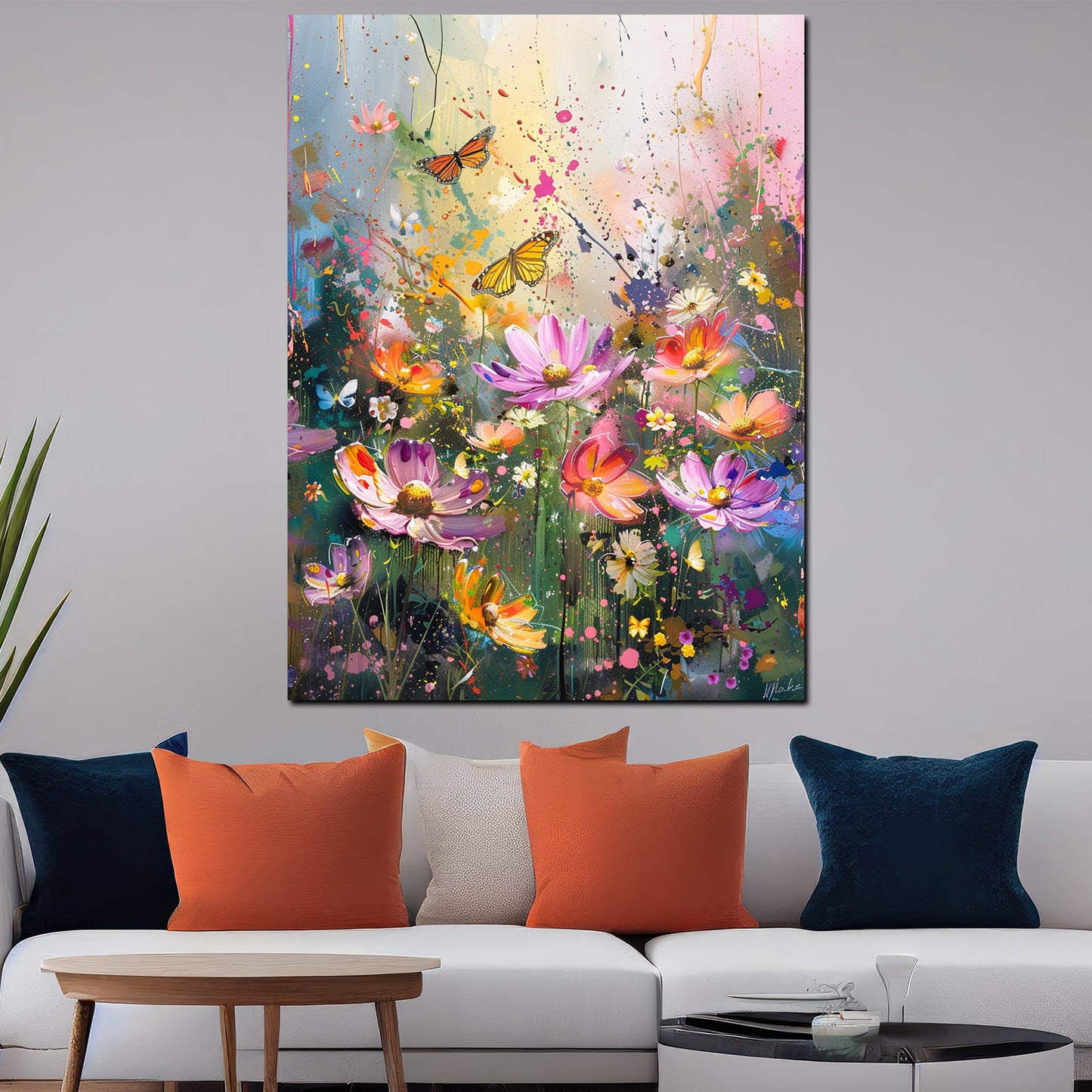 Wandbild Blumenwiese Schmetterlinge Pop Art bunt