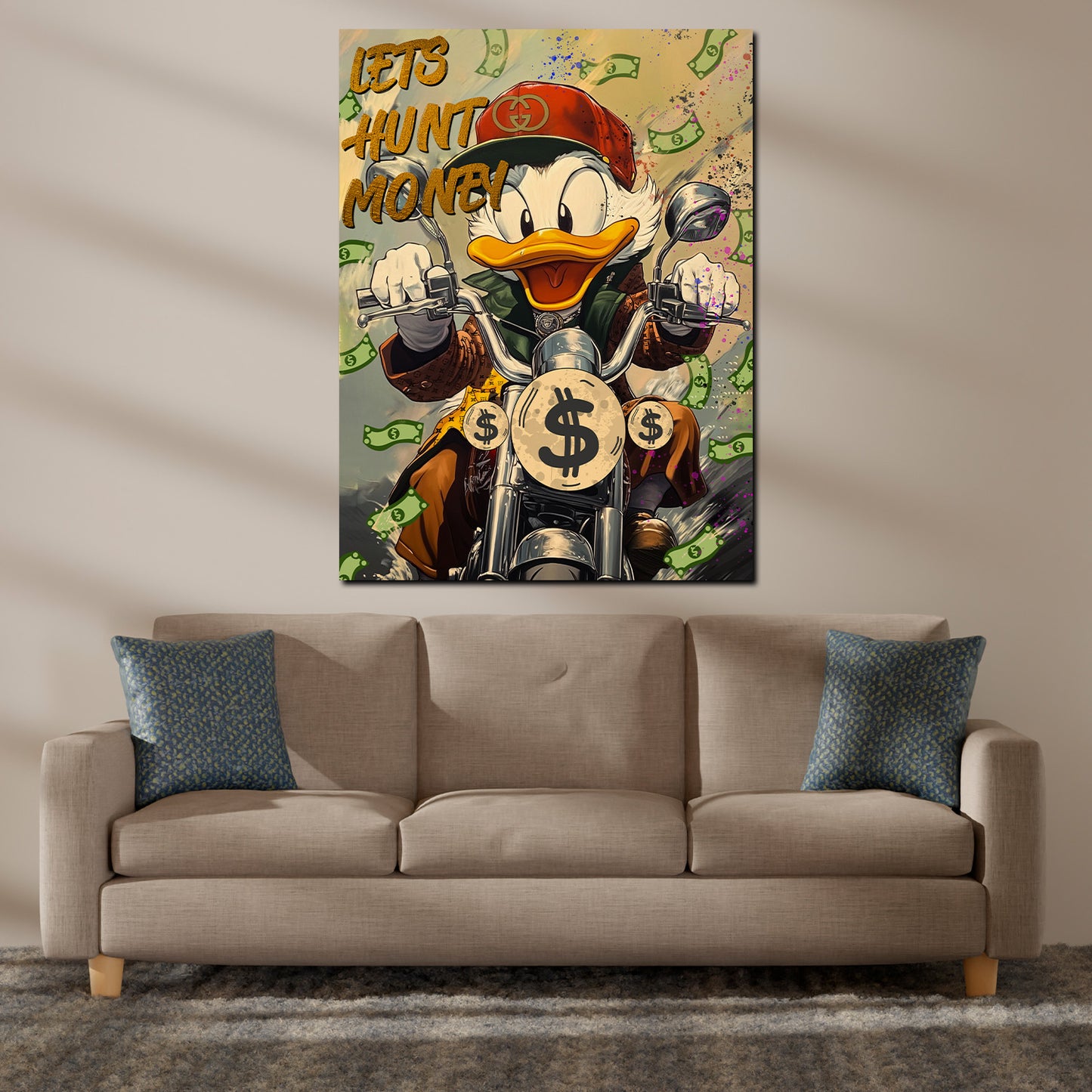 Wandbild Comic Duck auf Motorrad im Geldregen