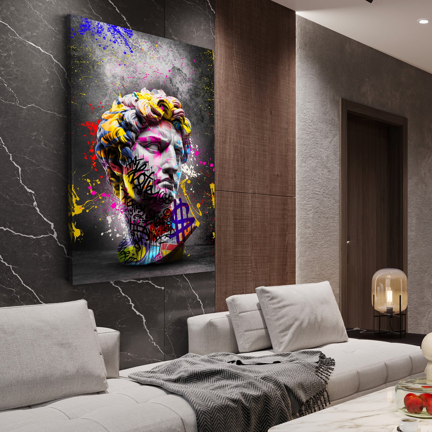Wandbild David Büste mit Graffiti Kunst und bunten Farben