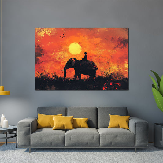 Wandbild Elefant Sonnenuntergang Kind Silhouette Natur Ruhe