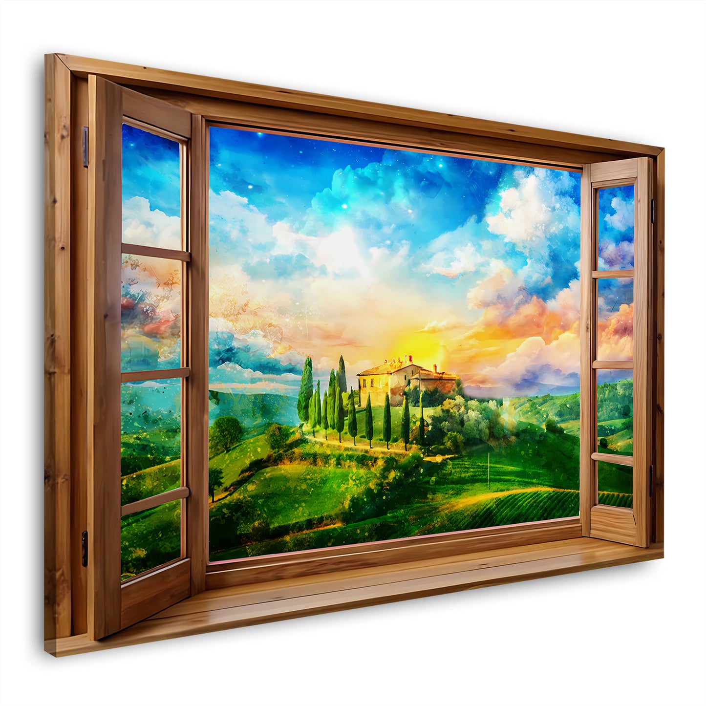Wandbild Fensterblick auf die Toskana Italien mit Sonnenuntergang und Villa