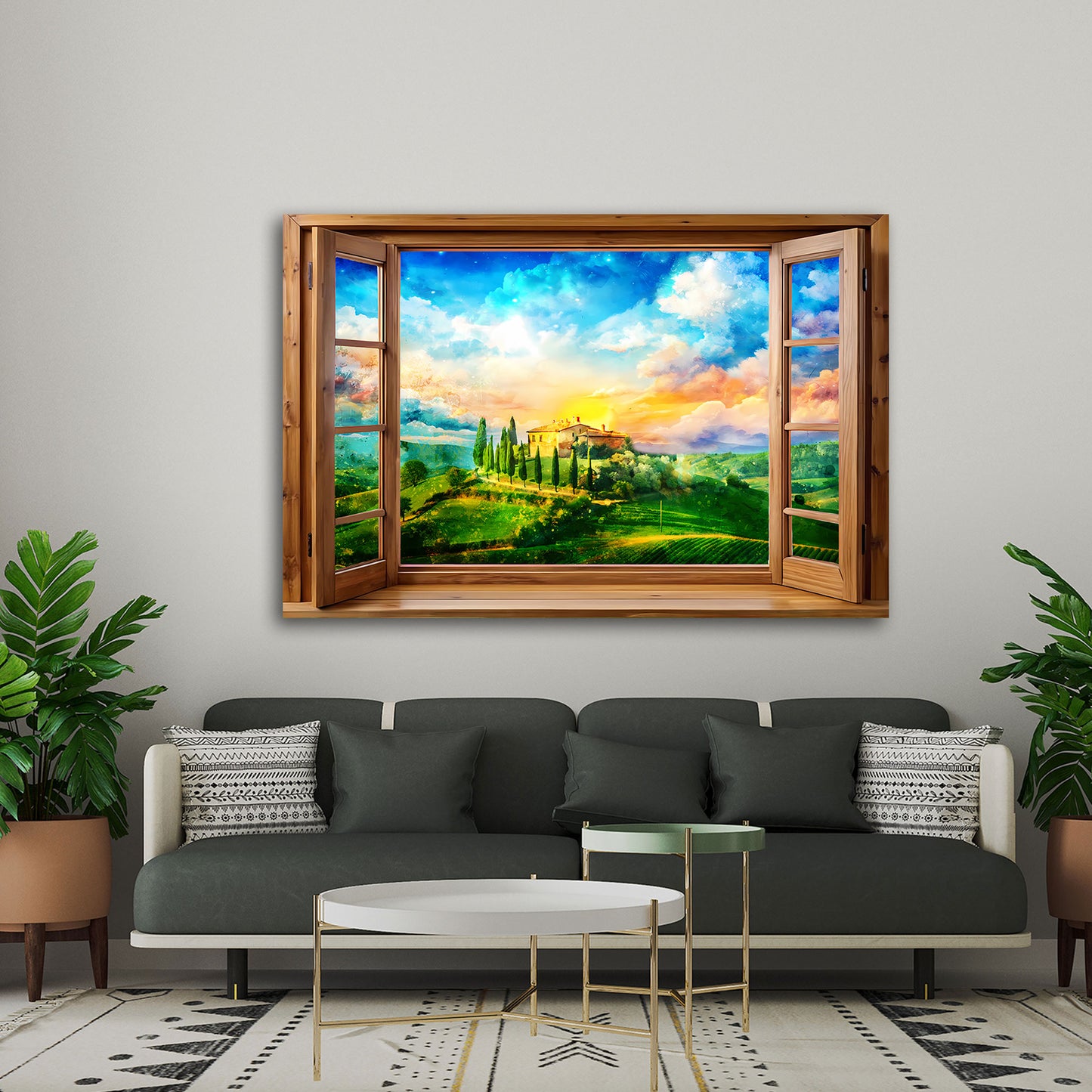 Wandbild Fensterblick auf die Toskana Italien mit Sonnenuntergang und Villa