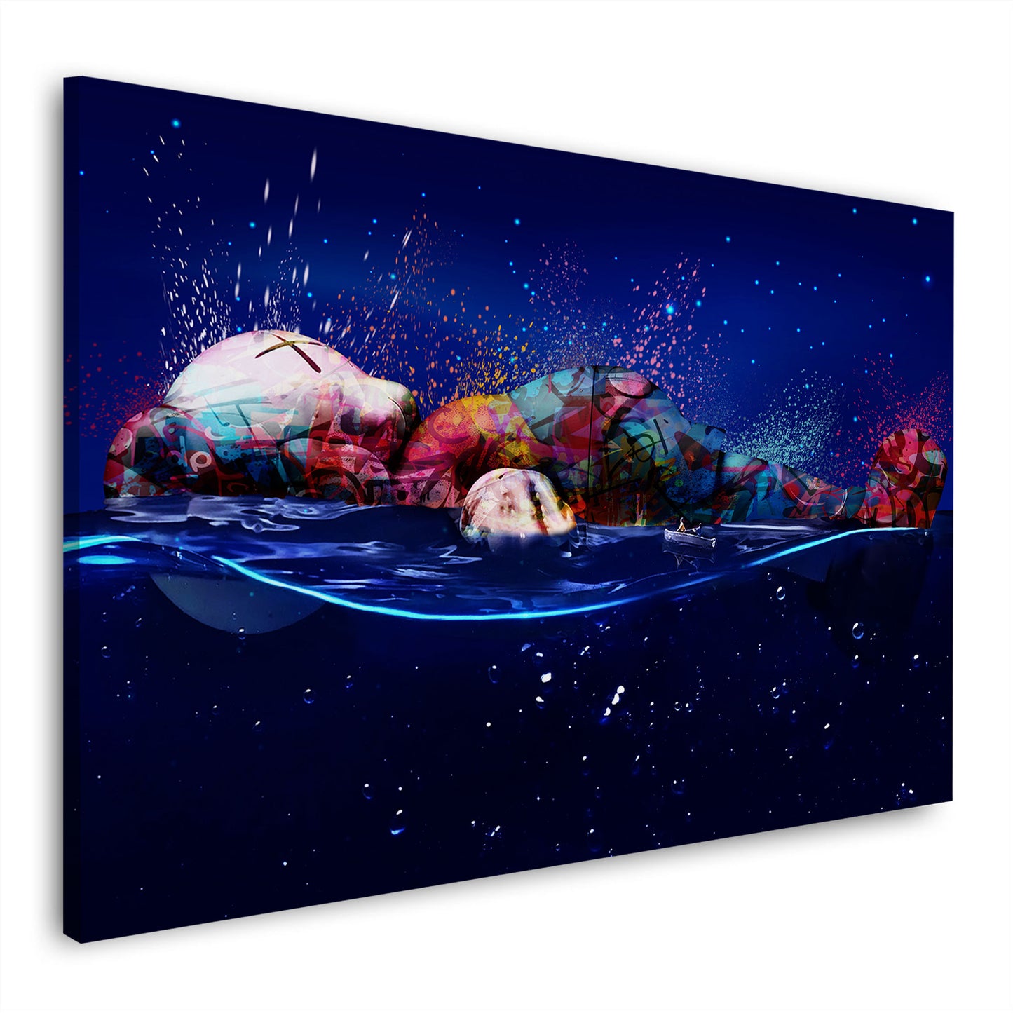 Wandbild Figur mit Graffiti Pop Art im Wasser und Nachthimmel