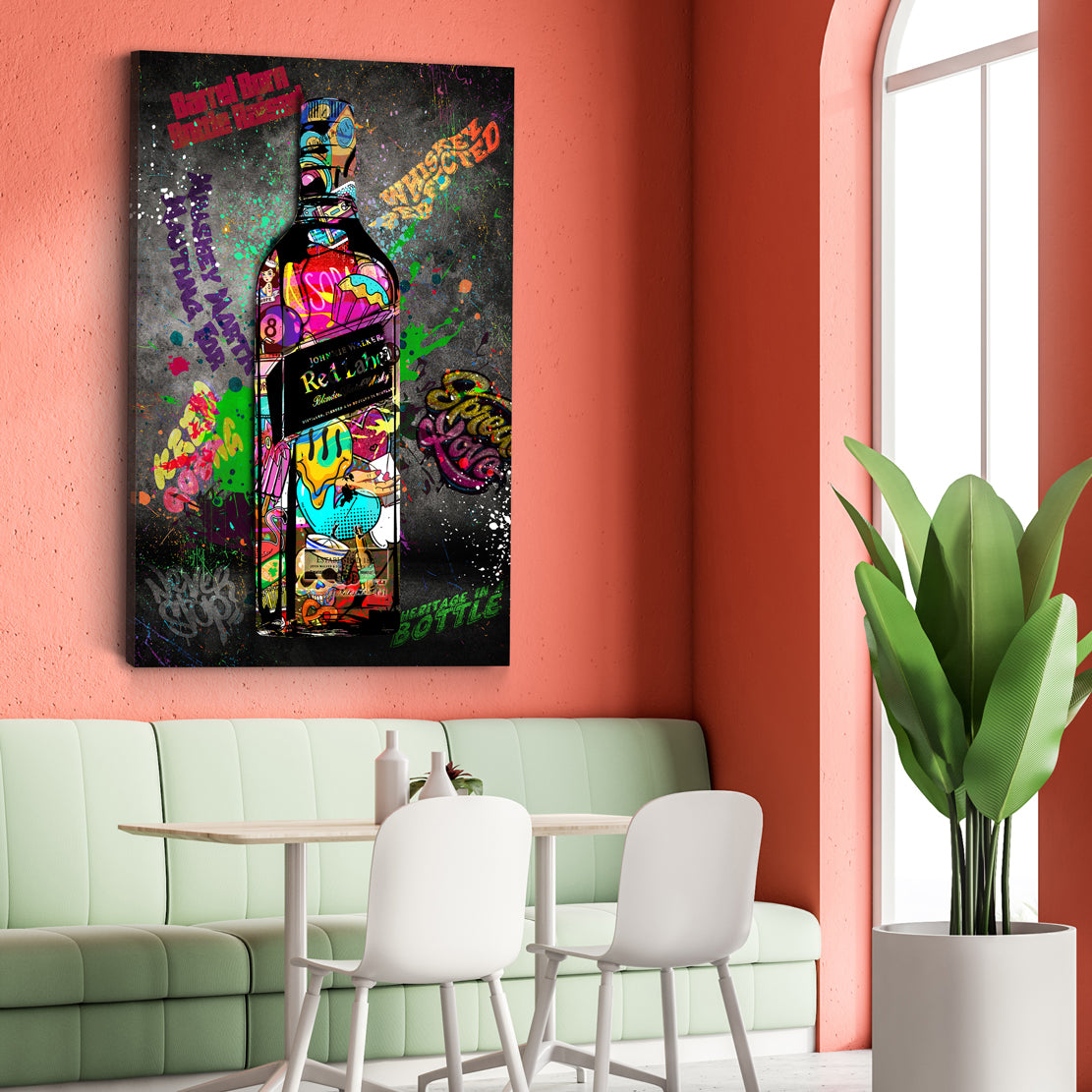Wandbild Flasche Whisky Red Style Graffiti Pop Art mit farbenfrohen Motiven
