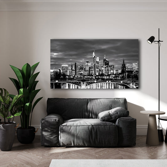 Wandbild Frankfurt Architektur Skyline Abendstimmung Schwarz Weiß