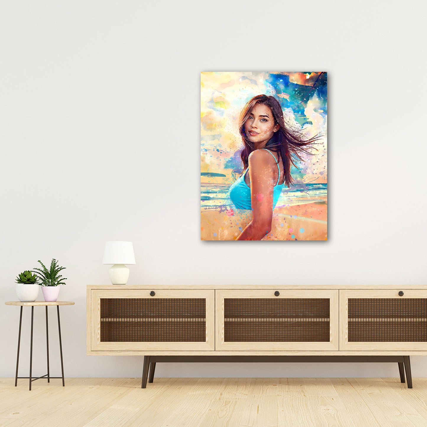 Wandbild Frau am Strand mit sommerlichen Farben