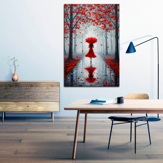 Wandbild Frau im roten Kleid Herbstallee Regenschirm romantisch modern