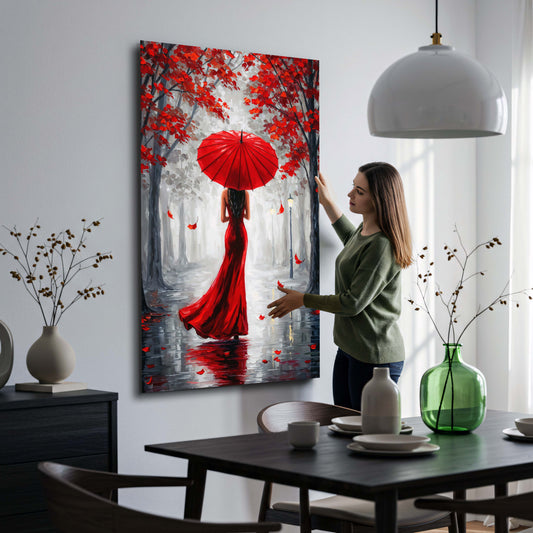 Wandbild Frau im roten Kleid Herbststimmung Regenschirm romantisch modern