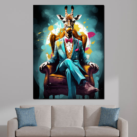 Giraffe im Anzug im Sessel sitzend Wandbild