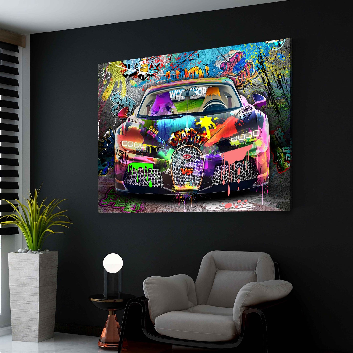 Bugatti Wandbild Auto Graffiti Sportwagen Pop Art mit Farbenexplosion