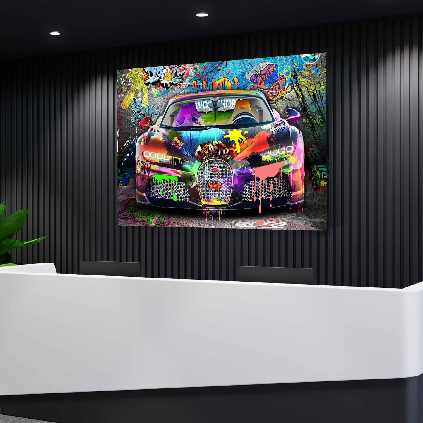 Bugatti Wandbild Auto Graffiti Sportwagen Pop Art mit Farbenexplosion
