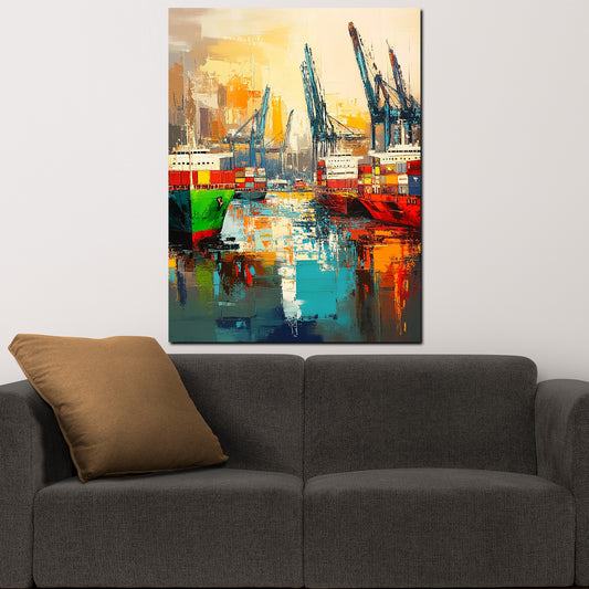 Wandbild Hafen Schiffe Container bunt modern