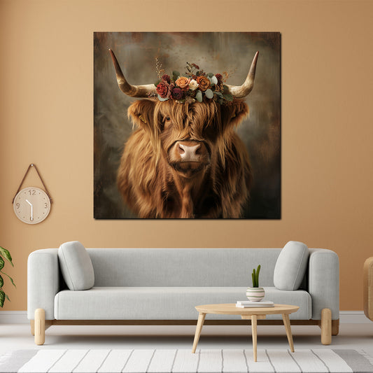 Wandbild Kuh Scottish Highlander mit Blumenkrone Natur Stil modern