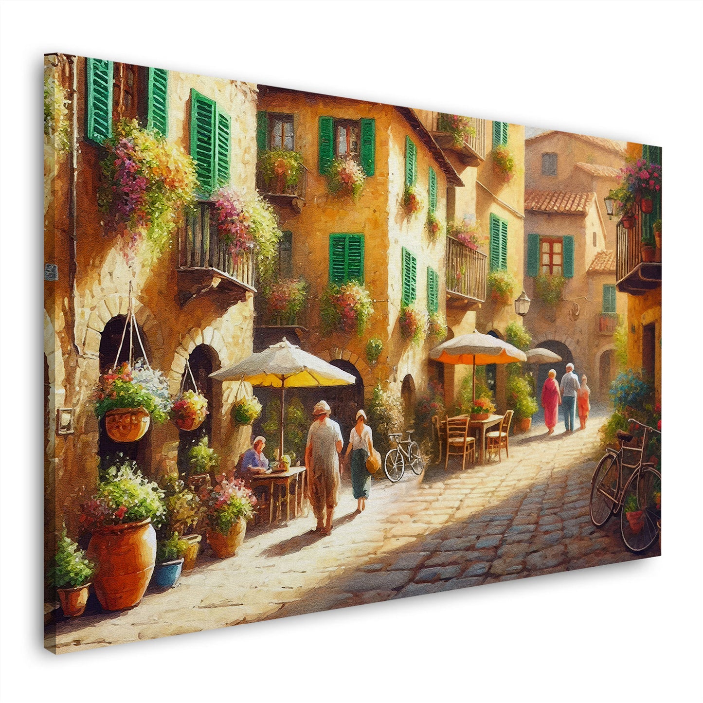 Wandbild Italien Toskana malerische Gasse mit Blumen und Café
