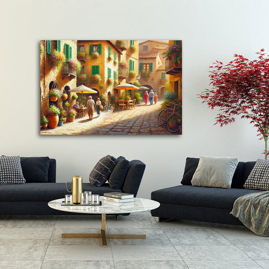 Wandbild Italien Toskana malerische Gasse mit Blumen und Café