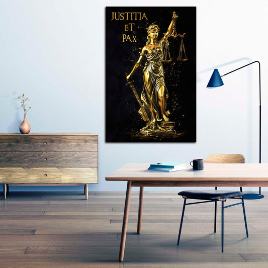 Wandbild Justitia goldene Statue Gerechtigkeit Eleganz modern