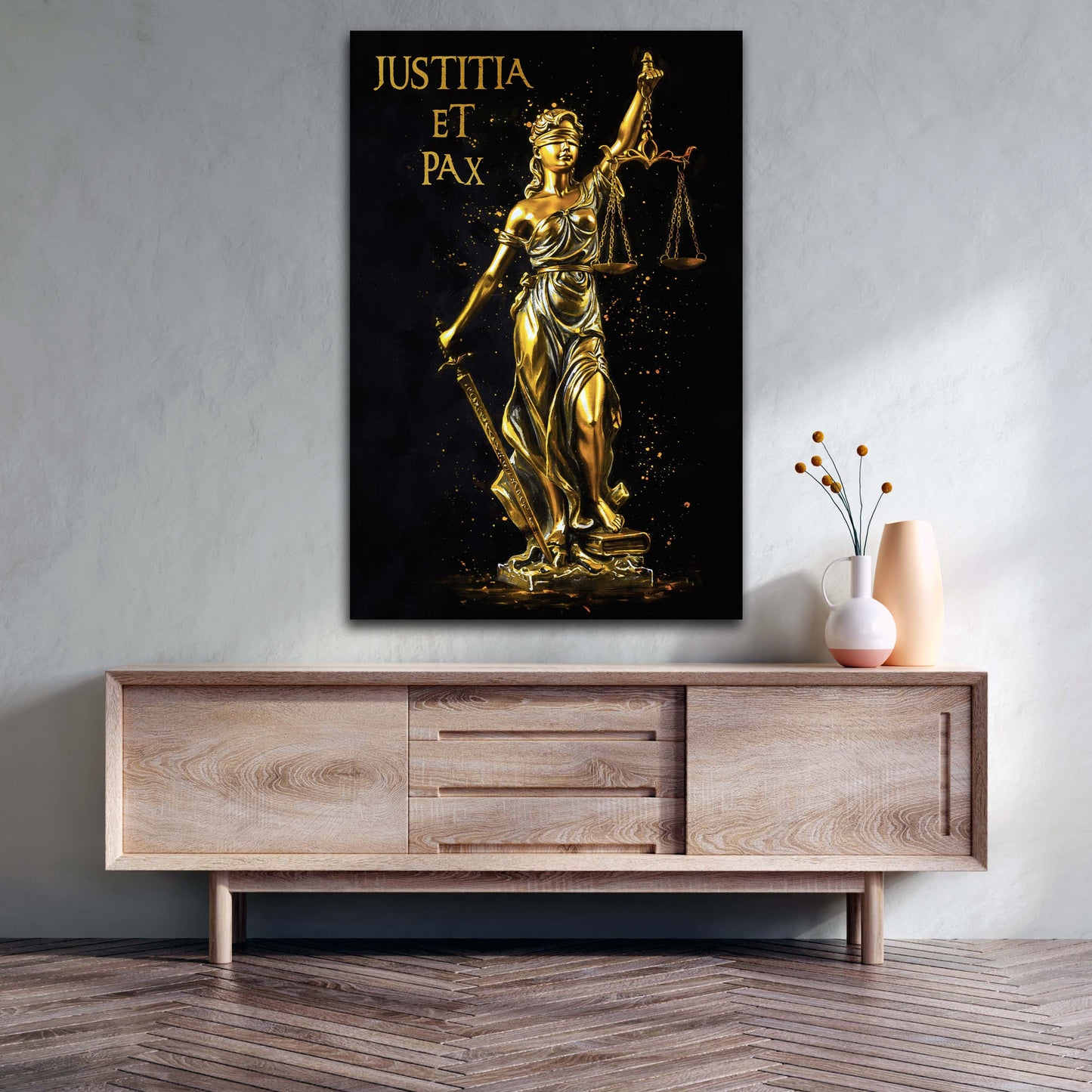 Wandbild Justitia goldene Statue Gerechtigkeit Eleganz modern