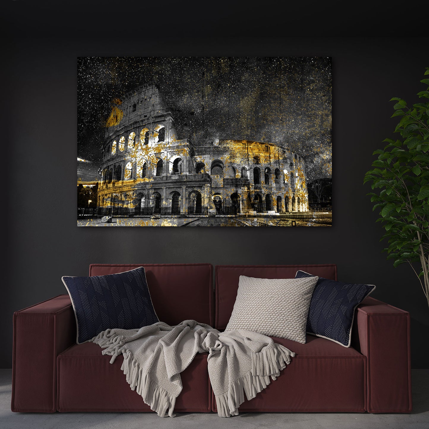Wandbild Kolosseum bei Nacht mit goldenen Akzenten