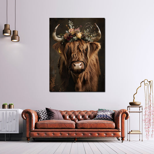 Wandbild Kuh Blumenkranz Boho Natur Tierportrait