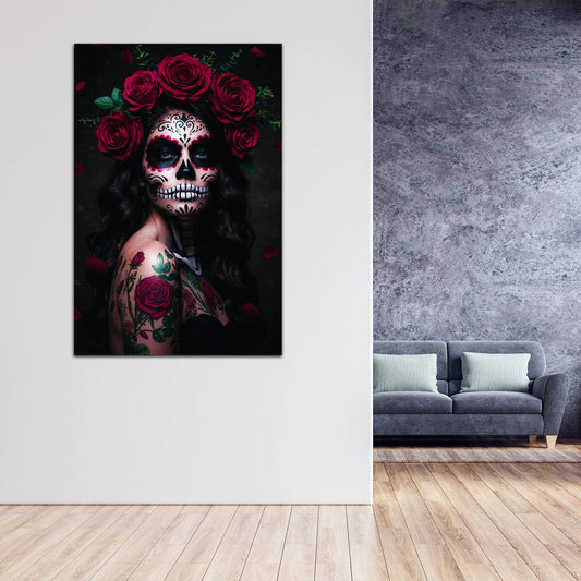 Wandbild La Catrina Frau mit Rosen Tattoo modern