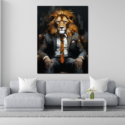 Wandbild Löwe im Anzug Dark Mode