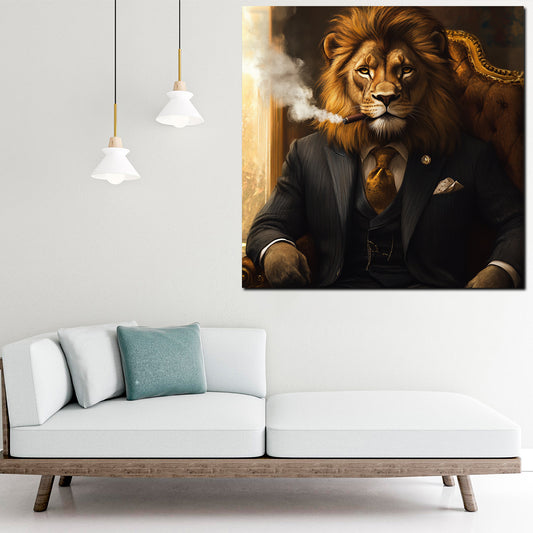 Wandbild Löwe im Anzug mit Zigarre Motivation Erfolg Luxus modern