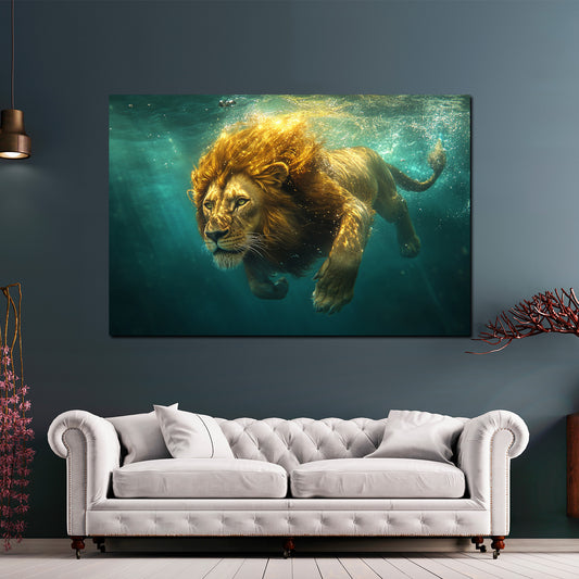 Wandbild Löwe im Wasser majestätisch Kraft Natur