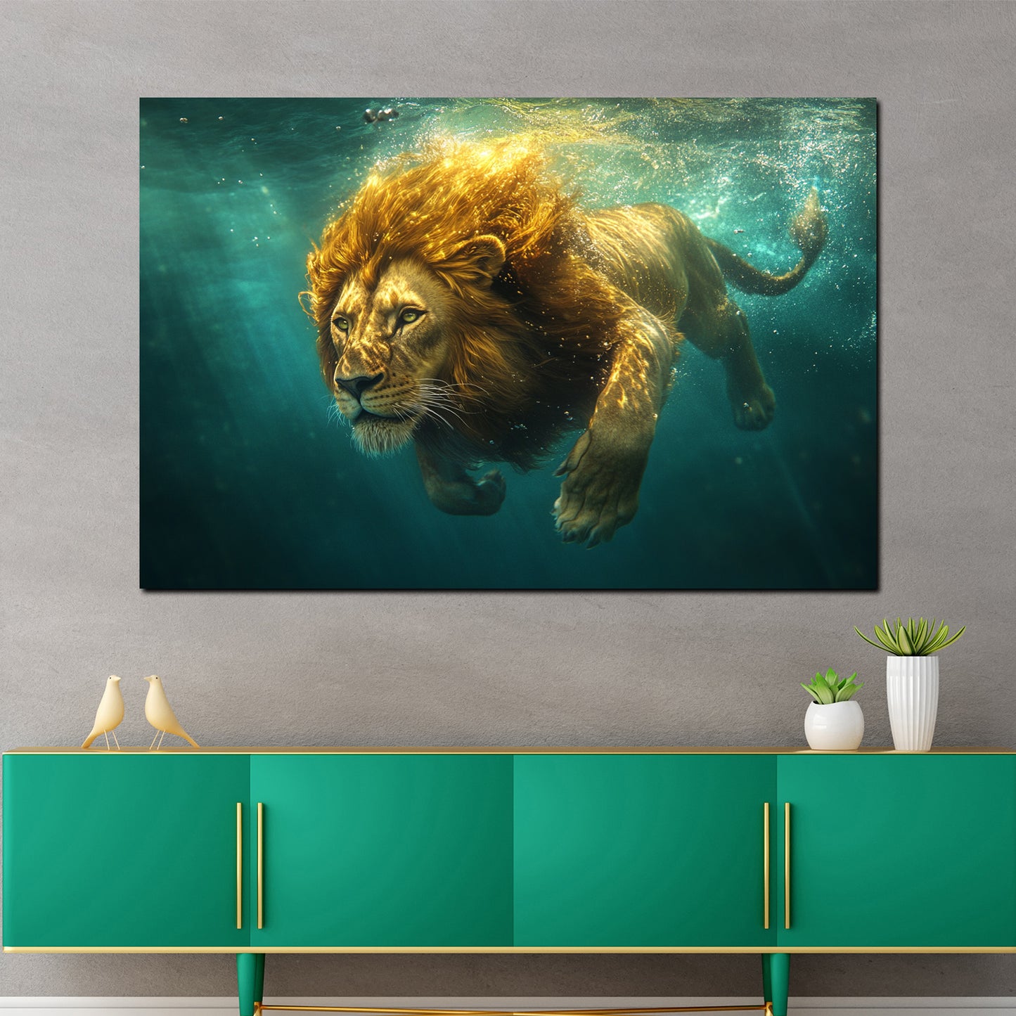 Wandbild Löwe im Wasser majestätisch Kraft Natur