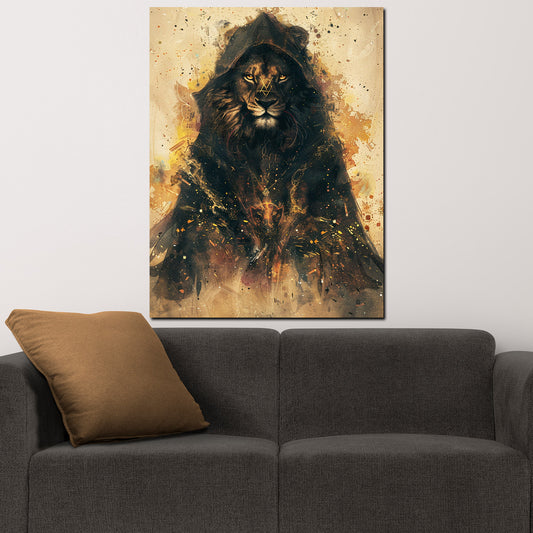 Wandbild Löwe mit Kapuze mystisch modern