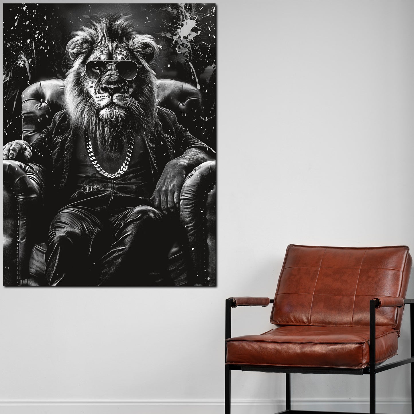 Wandbild Löwe mit Sonnenbrille im Sessel Schwarz Weiß modern