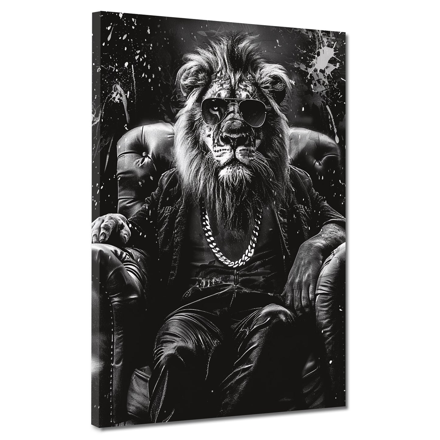 Wandbild Löwe mit Sonnenbrille im Sessel Schwarz Weiß modern