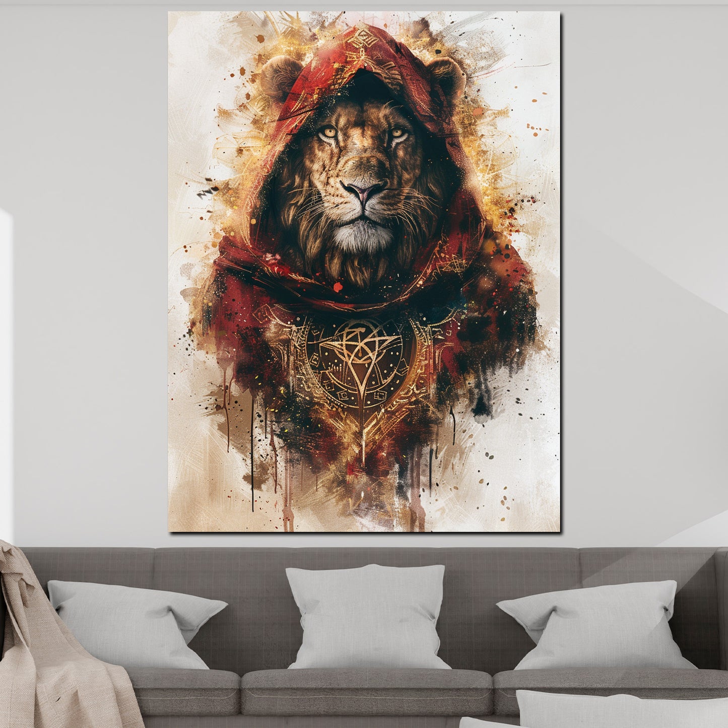Wandbild Löwe mit roter Kapuze Pop Art mystisch