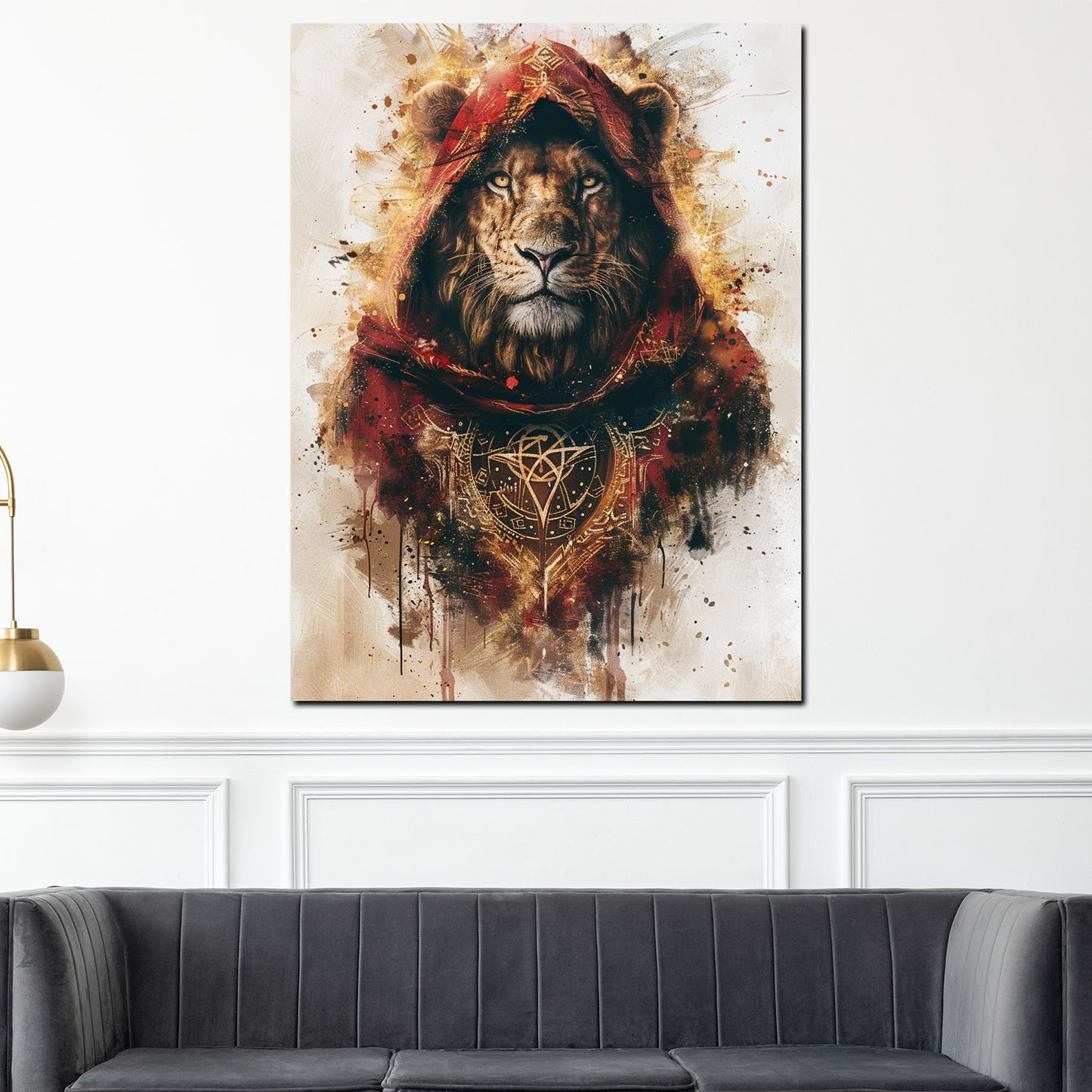 Wandbild Löwe mit roter Kapuze Pop Art mystisch