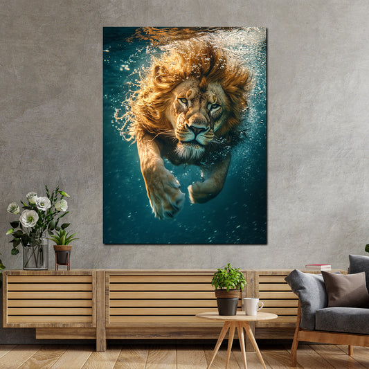 Wandbild Löwe taucht ins Wasser Kraft