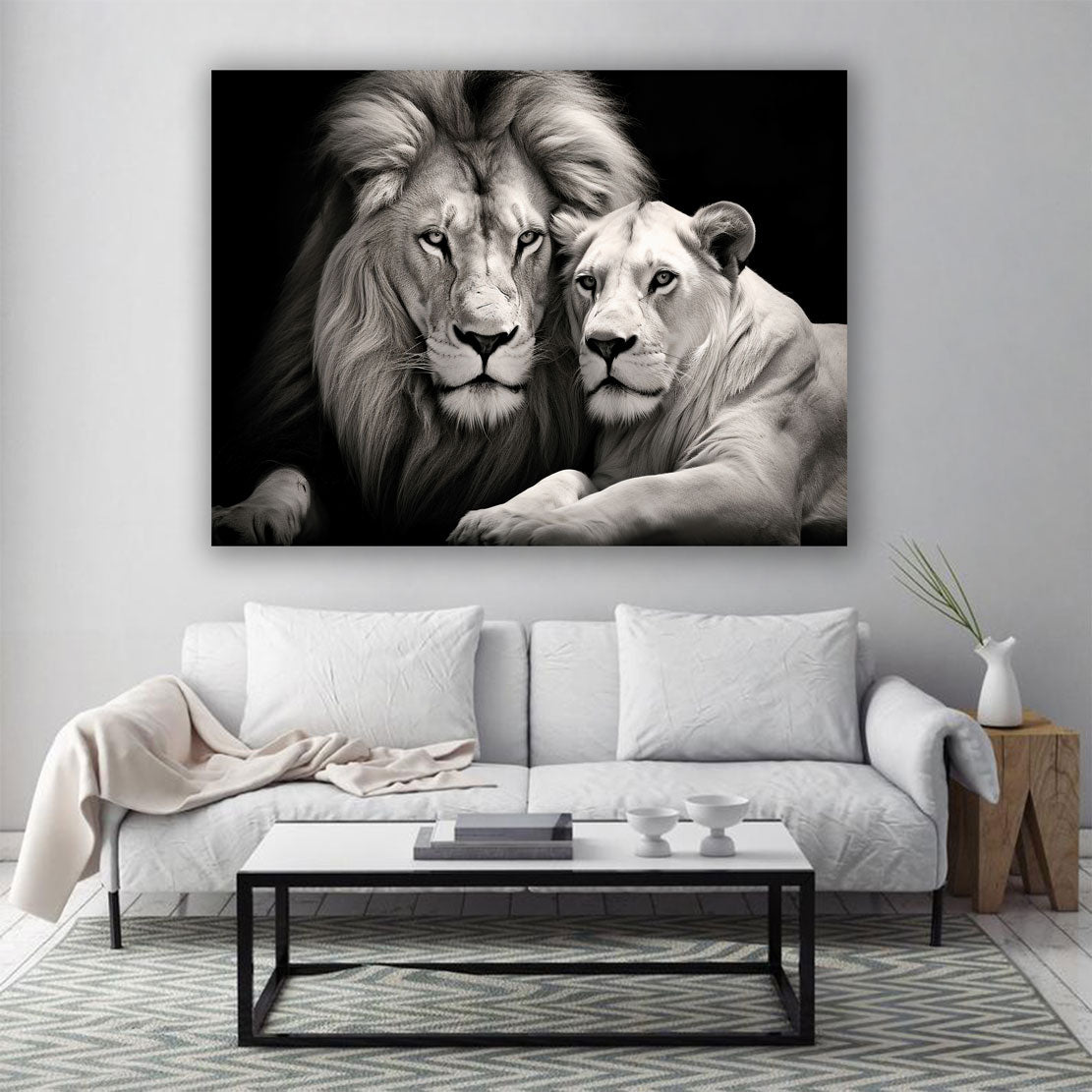 Wandbild Löwe und Löwin schwarz weis