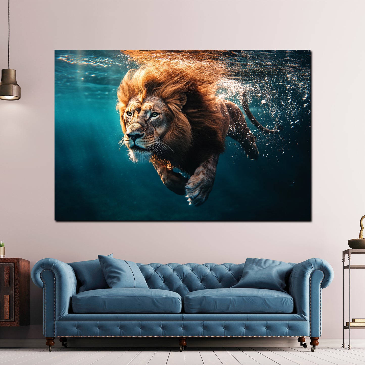 Wandbild Löwe unter Wasser Stärke Wildtier Natur