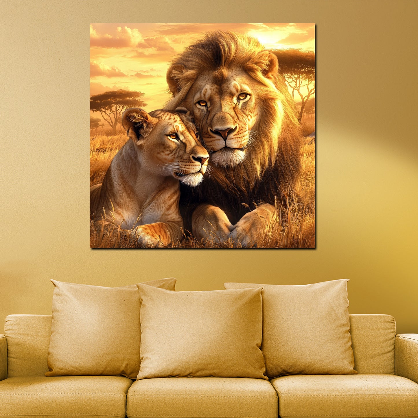 Wandbild Löwenpaar Afrika Sonnenuntergang Wildnis Liebe
