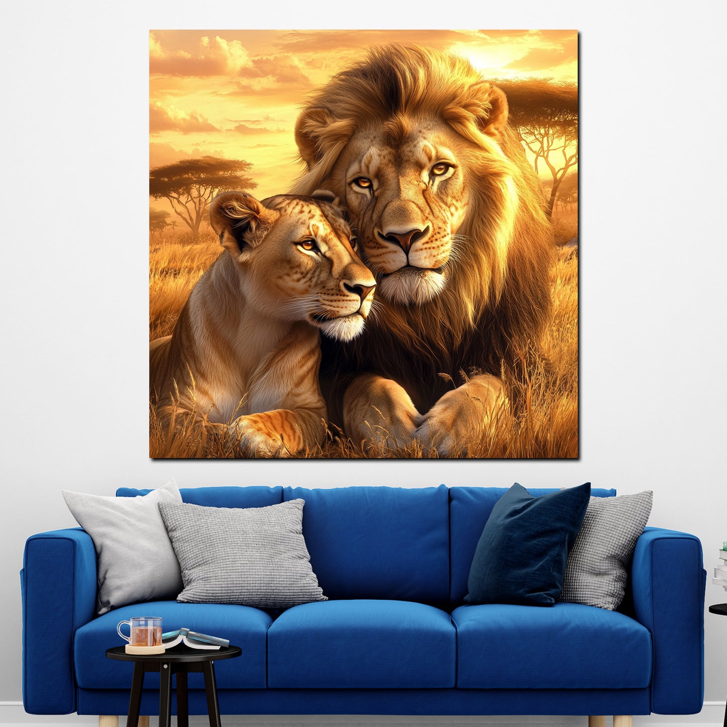 Wandbild Löwenpaar Afrika Sonnenuntergang Wildnis Liebe