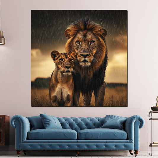 Wandbild Löwenpaar majestätisch Natur Regenstimmung