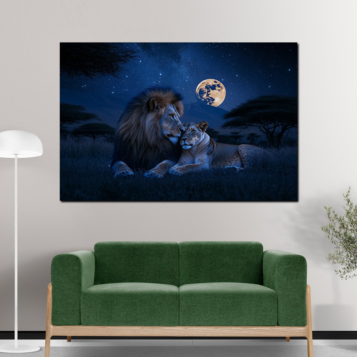 Wandbild Löwenpaar romantisch Nacht Savanne Vollmond