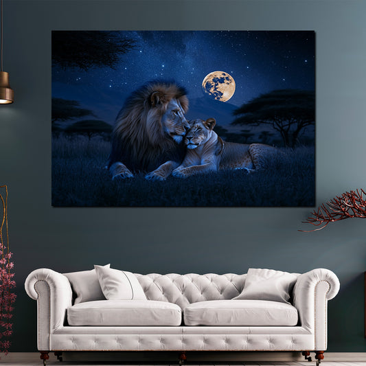 Wandbild Löwenpaar romantisch Nacht Savanne Vollmond