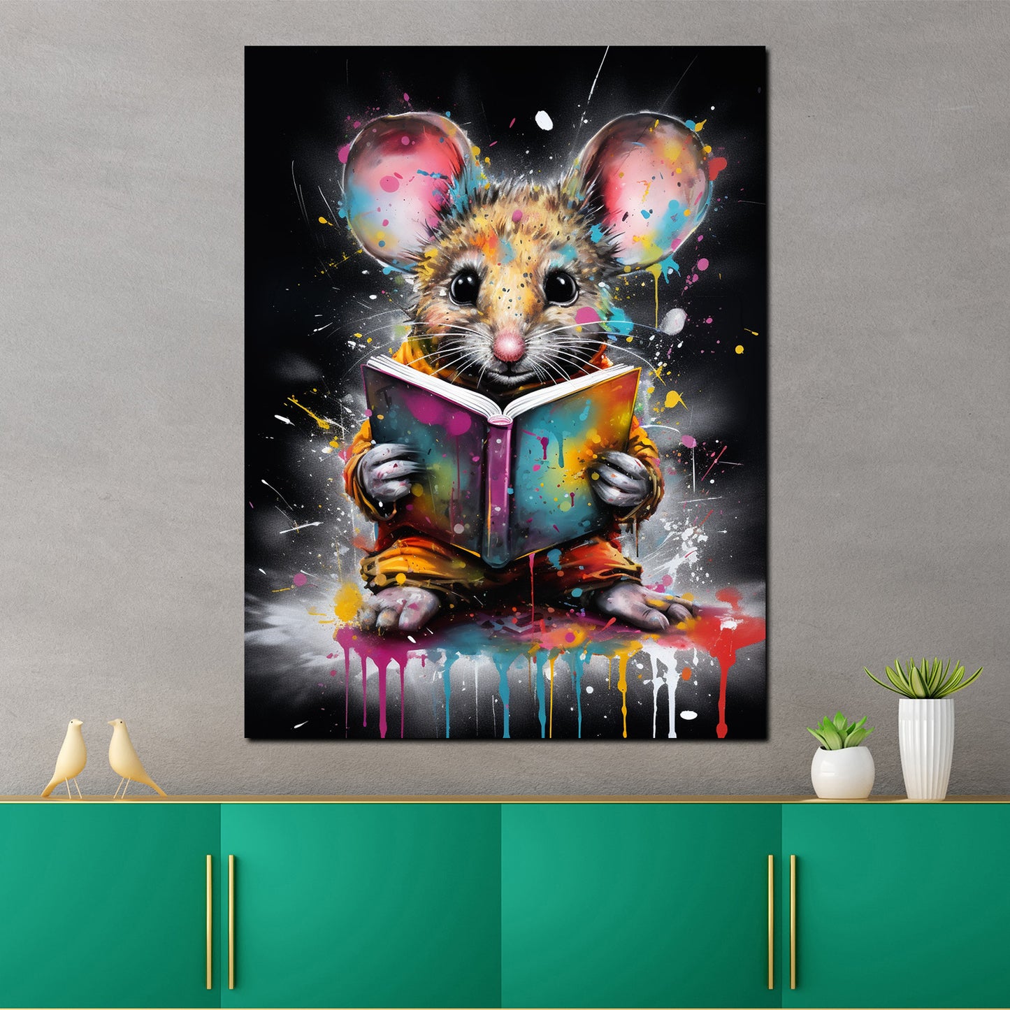 Wandbild Maus mit Buch Colour Splash