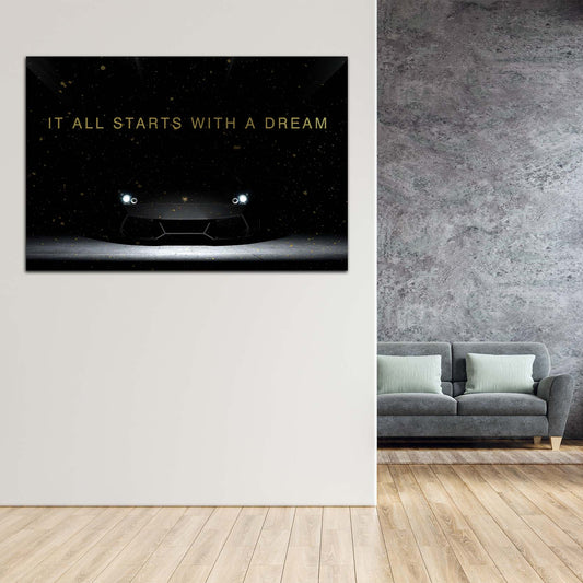 Lambo Motivation Gold Style Sportwagen It All Starts with a Dream Wandbild Motivation