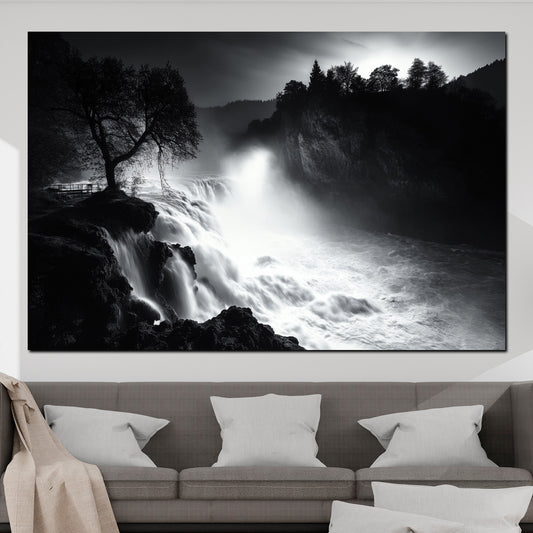 Wandbild Natur Wasserfall schwarz weiß Landschaft Felsen Baum Lichtspiel