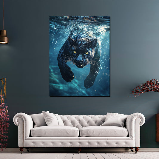 Wandbild Panther taucht ins Wasser Wildtier Dynamik Kraft