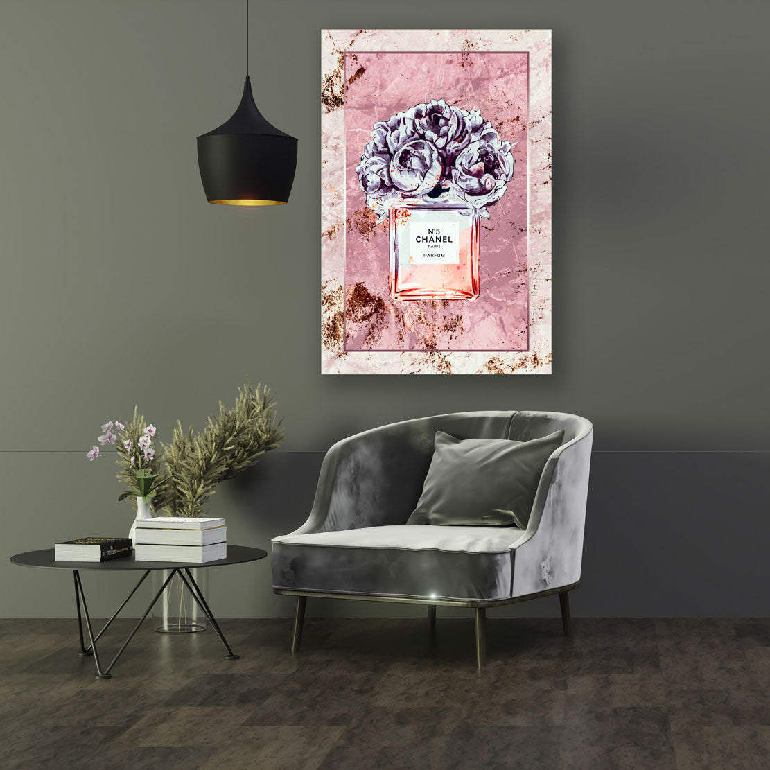 Wandbild Parfumflakon Blumen modern rosa elegant